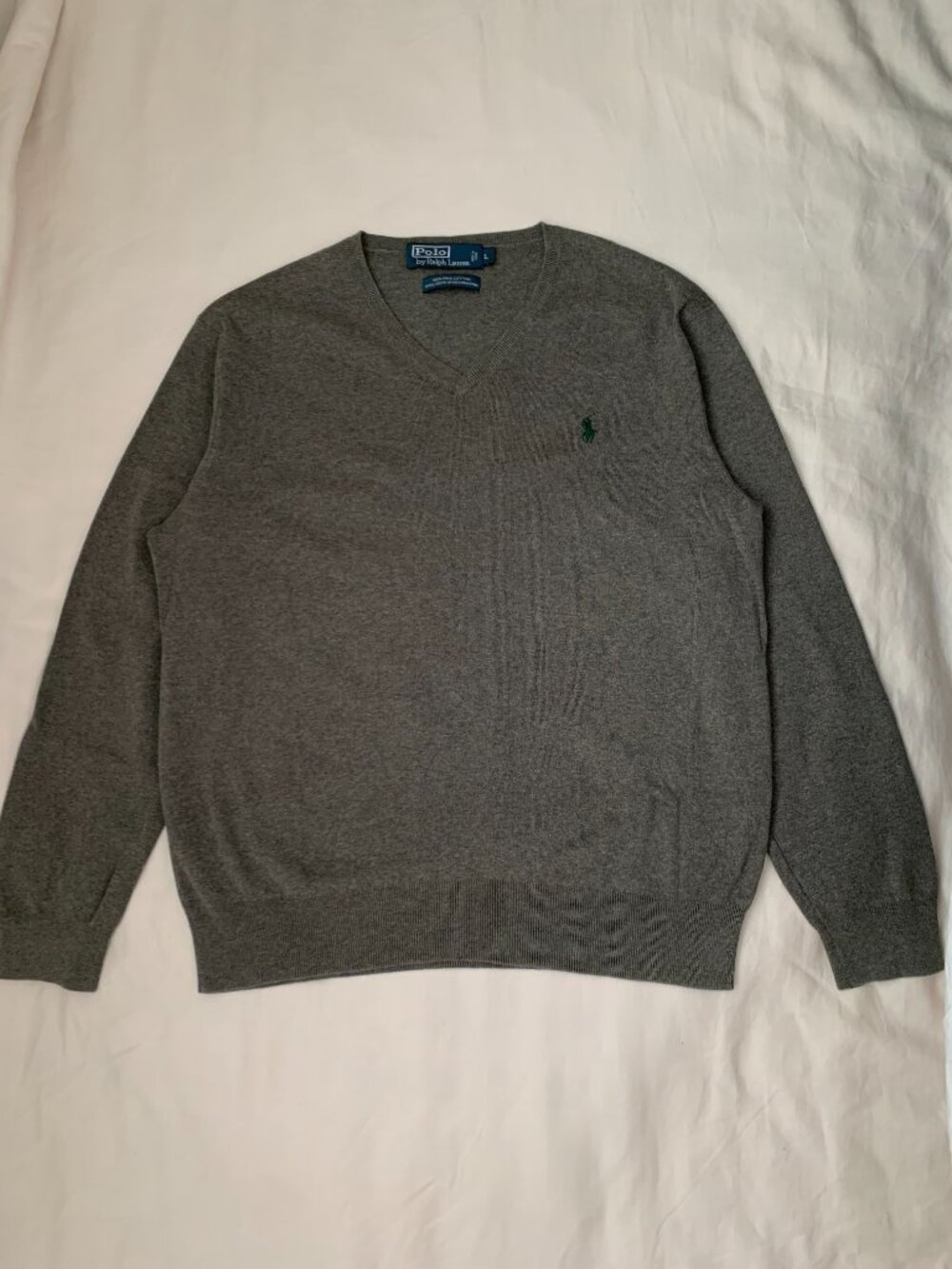 Polo Ralph Lauren 100% Pima Cotton  V Neck Men's Sweater Size L Gray
